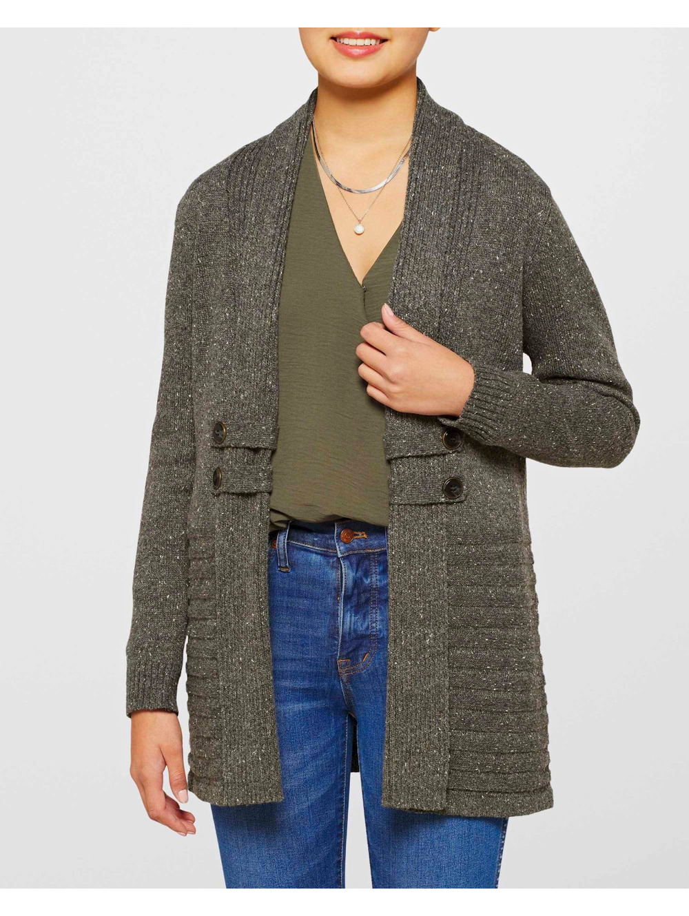 Fortune + Ivy Women's Gray Knit Shawl Collar Open Cardigan Sweater, Size M